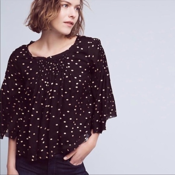 Anthropologie Floreat Everafter Black Gold Polka Dot Bell Sleeve Swing Blouse - Picture 4 of 14